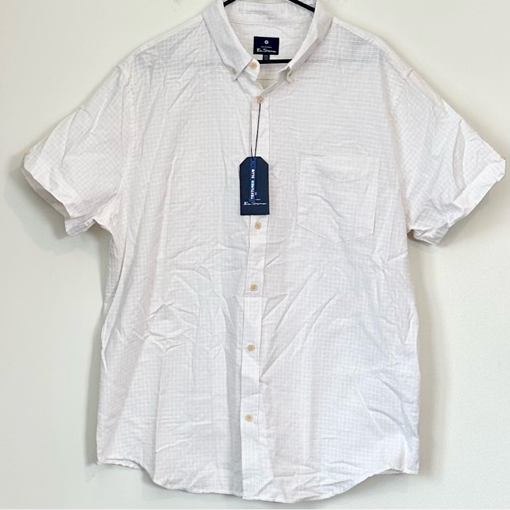 NWT Ben Sherman Casual Textured Slub Short Sleeve Button Down Shirt in Stone 2XL